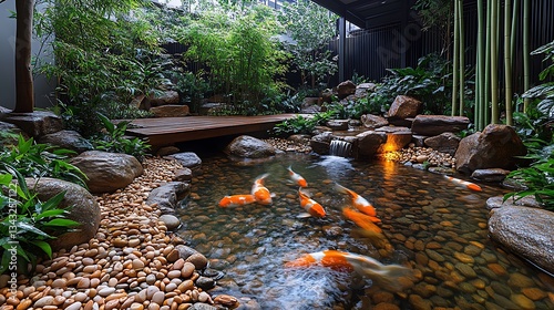 A tranquil koi pond surrounded by smooth pebbles, bamboo shoots, and a small wooden bridge adding Zen-like charm