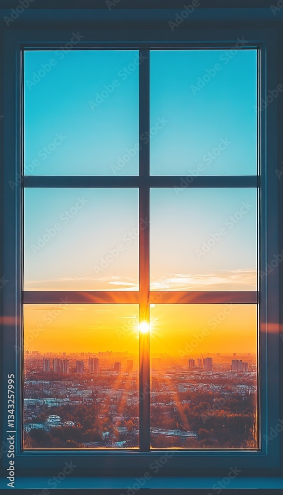 Fototapeta premium Golden Sunrise Through Urban Windows Cityscape Illuminated by Vibrant Morning Colors