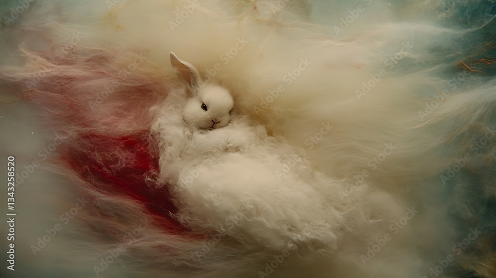 A fluffy white rabbit resting peacefully inside of the softest fur A fluffy white rabbit resting peacefully inside of the softest fur