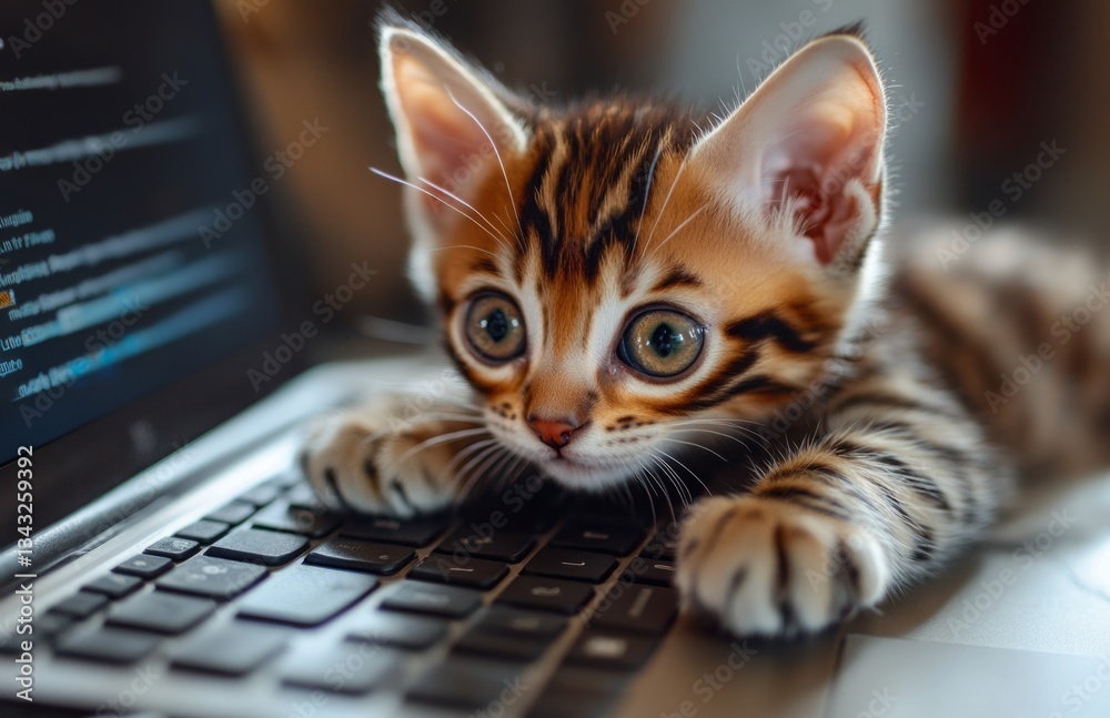 Cute small Bengal kitten with tiger stripes on laptop keyboard Cute small Bengal kitten with tiger stripes on laptop keyboard