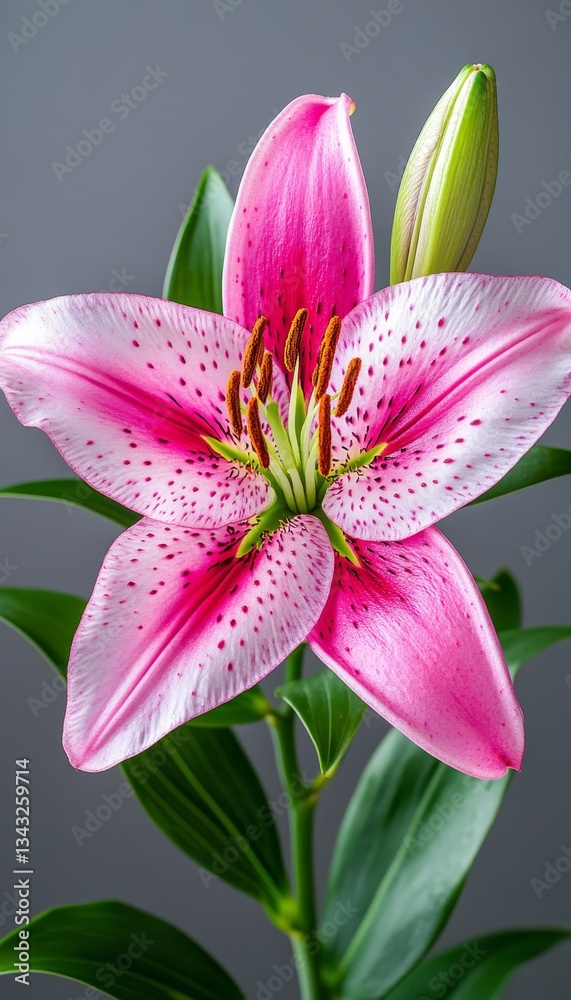 Delicate Pink Lily with Burgundy Specks, a Serene Floral Portrait, Isolated on Grey Background Delicate Pink Lily with Burgundy Specks, a Serene Floral Portrait, Isolated on Grey Background