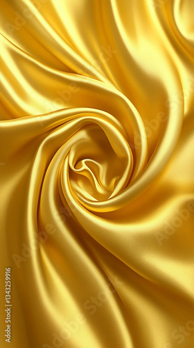Close-up of luxurious golden satin fabric swirling in elegant folds, showcasing its smooth texture