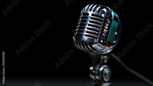 Vintage microphone on a black backdrop.  Close-up of a retro style microphone, showcasing its metallic grille and details