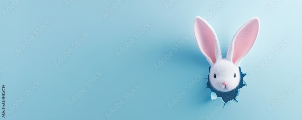 Adorable white rabbit peeking through a blue paper hole. Adorable white rabbit peeking through a blue paper hole.