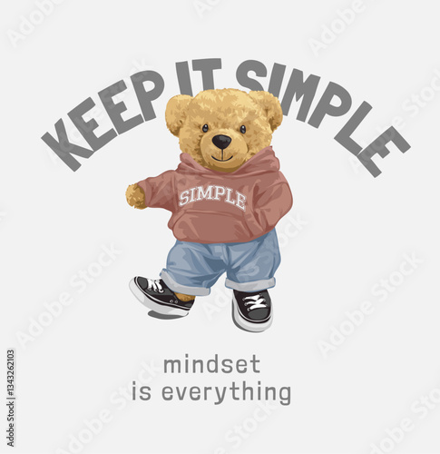 keep it simple slogan with cartoon bear doll in sweater vector illustration - drawn by hand