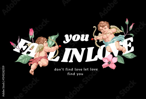 fall in love slogan with cupid and flowers vector illustration created by hand drawn