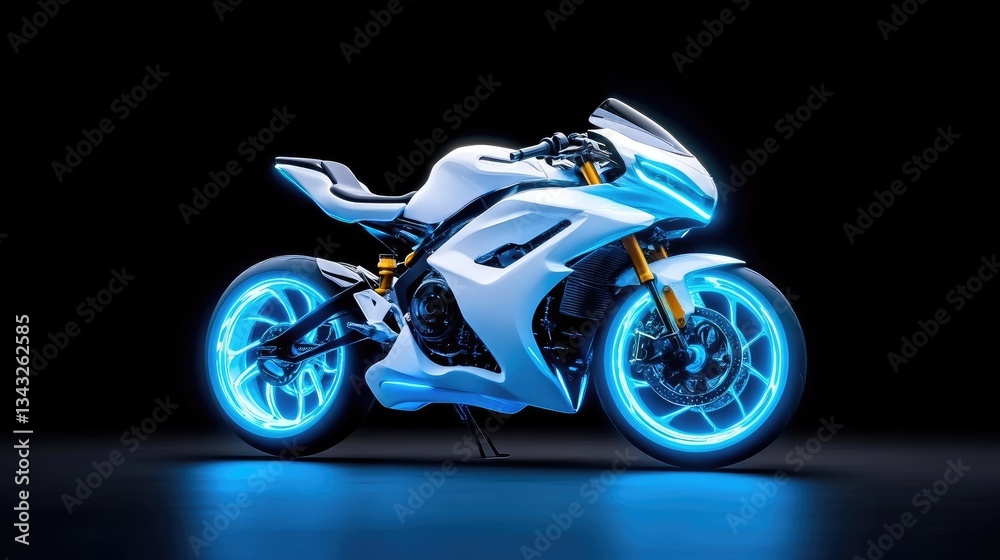 Fototapeta premium Futuristic white motorcycle with glowing blue accents. Sleek design, vibrant lighting, and modern aesthetic