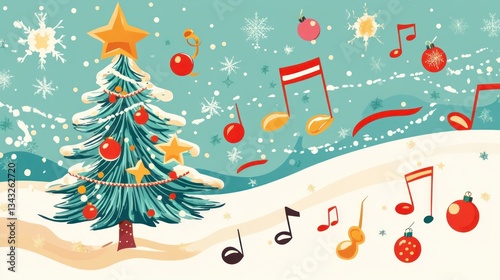Festive Christmas tree with musical notes and ornaments on snowy background.