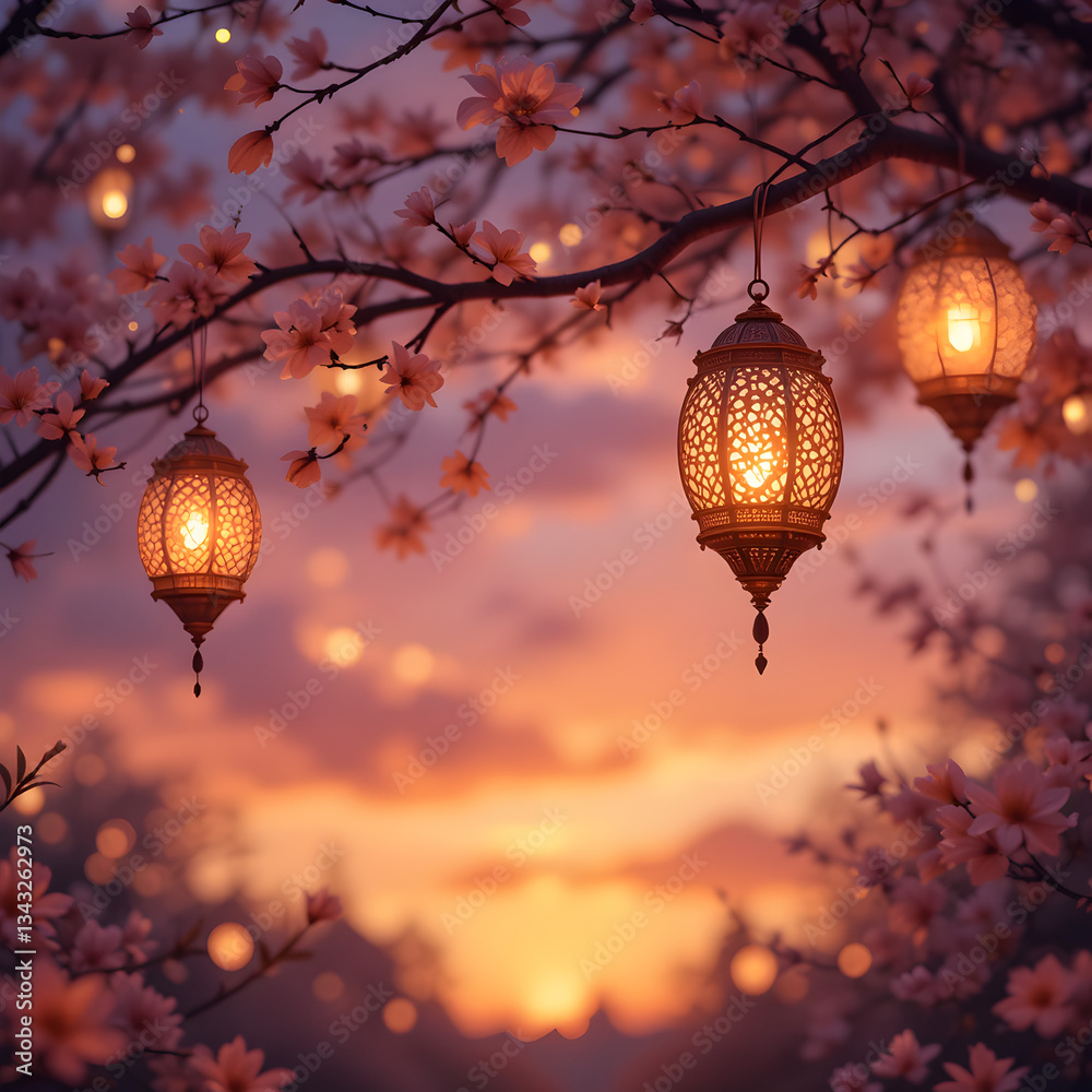 Obraz premium Sunset Cherry Blossoms Lanterns