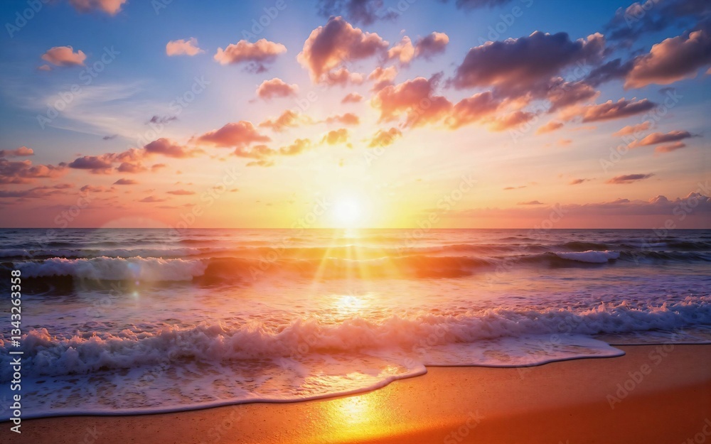 Fototapeta premium Stunning Ocean Sunset with Golden Light Reflecting on the Waves and Sandy Beach
