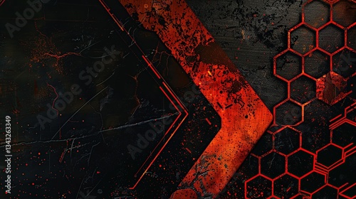 Abstract dark background with red and orange geometric shapes, honeycomb pattern, grunge texture. Ideal for tech, gaming, or industrial designs.