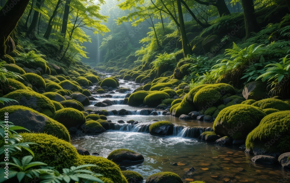 Fototapeta premium Serene Mossy Rocks Green Forest Stream Water Nature Peaceful Tranquil Sunlight Lush Greenery zen