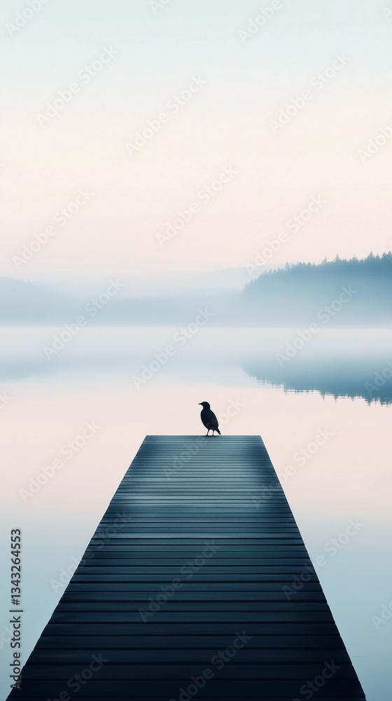 Fototapeta premium Minimalist lake scene with wooden pier and lone bird