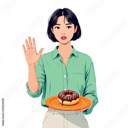 Vsai young woman refusing sugary donut and choosing healthy lifestyle