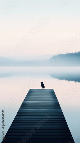 Minimalist lake scene with wooden pier and lone bird