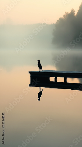 Minimalist lake scene with wooden pier and lone bird