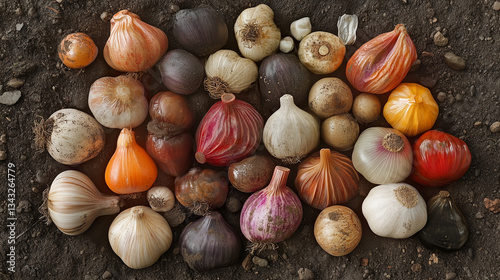 Close-up view of various flower bulbs located on the soil