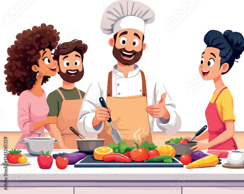 Vsai chef teaching cooking class to happy students with vegetables on kitchen counter