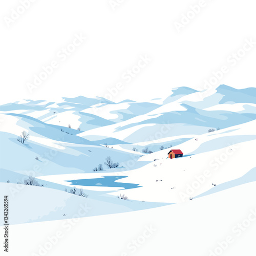 Vsai small wooden house stands on snowy rolling hills in winter landscape