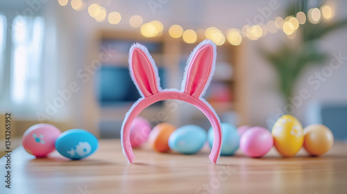 Pink fluffy rabbit ears on a headband on a festive background