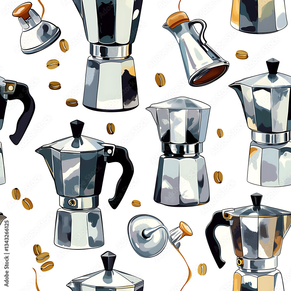 seamless pattern Realistic and artistic illustrations of coffee beans, brewing equipment, coffee cups for background or wallpaper