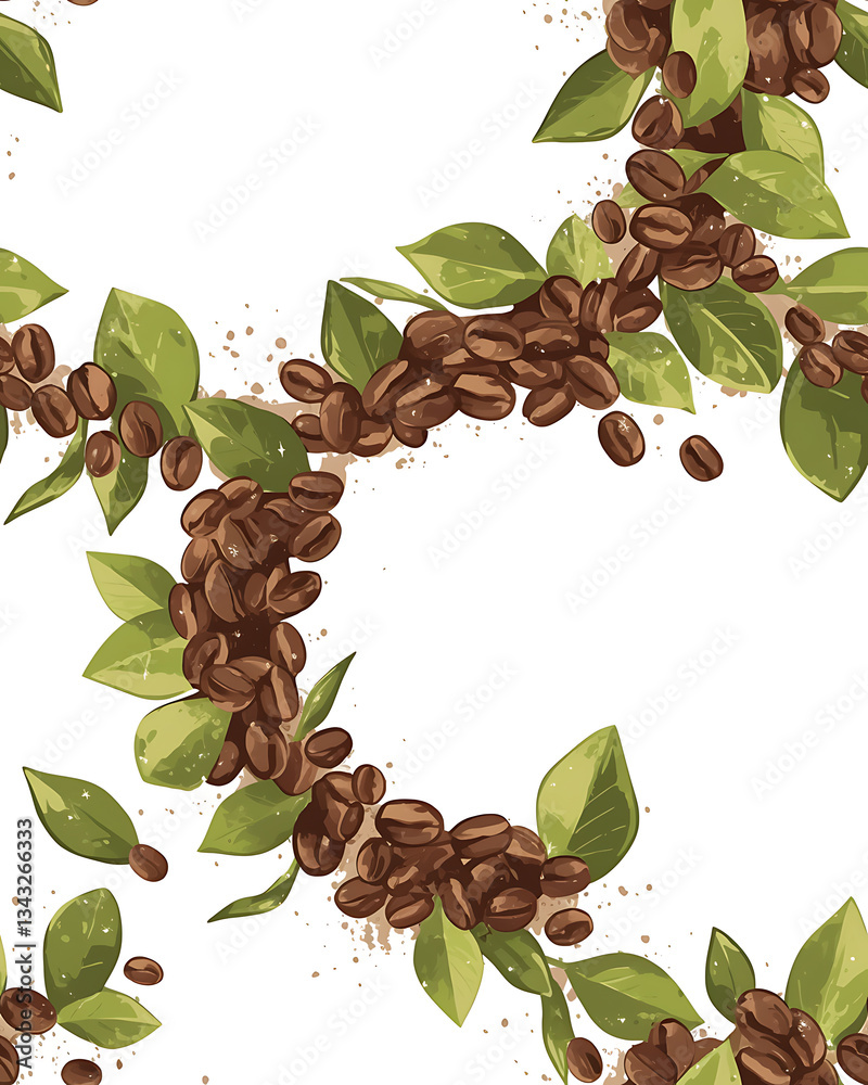 seamless pattern Realistic and artistic illustrations of coffee beans, brewing equipment, coffee cups for background or wallpaper