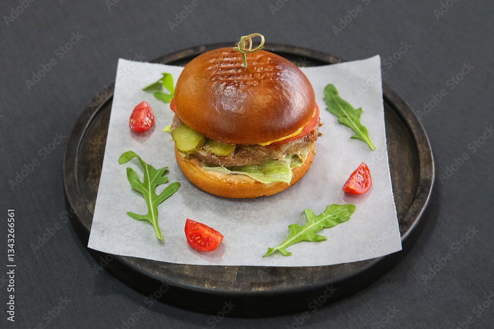 custom made wallpaper toronto digitalHamburger in a restaurant on a tray and parchment paper, there are also arugula and tomatoes on the paper