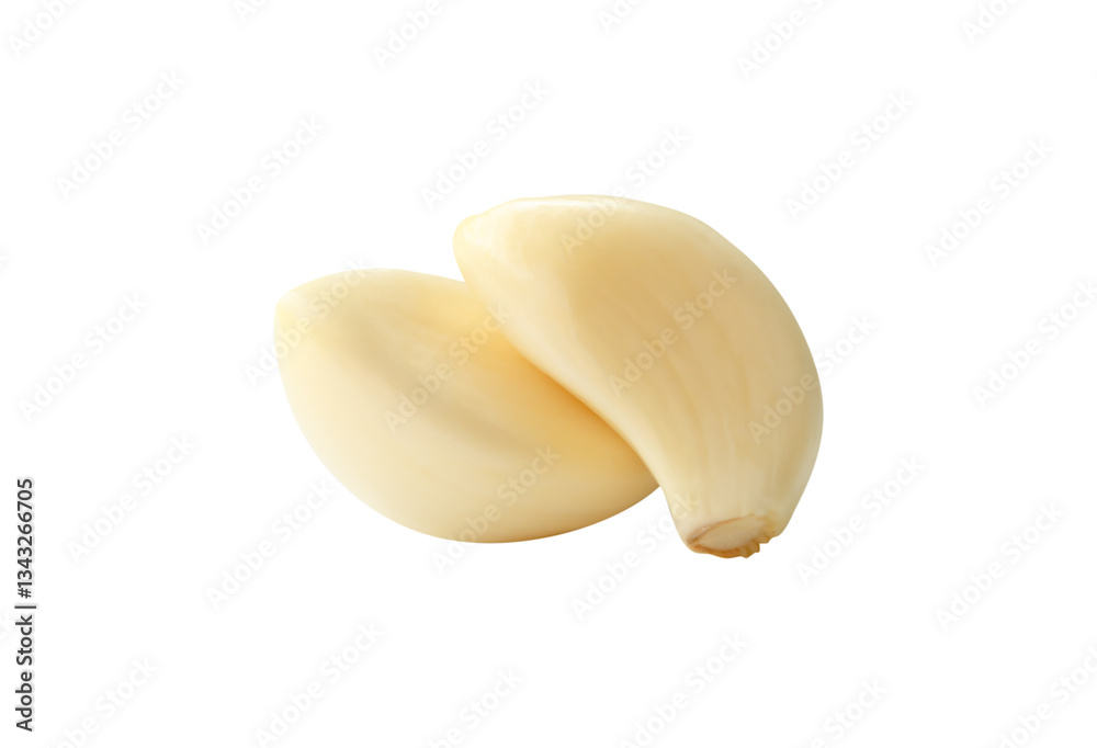 Fototapeta premium Side view of peeled garlic cloves or pieces in stack isolated on white background with clipping path
