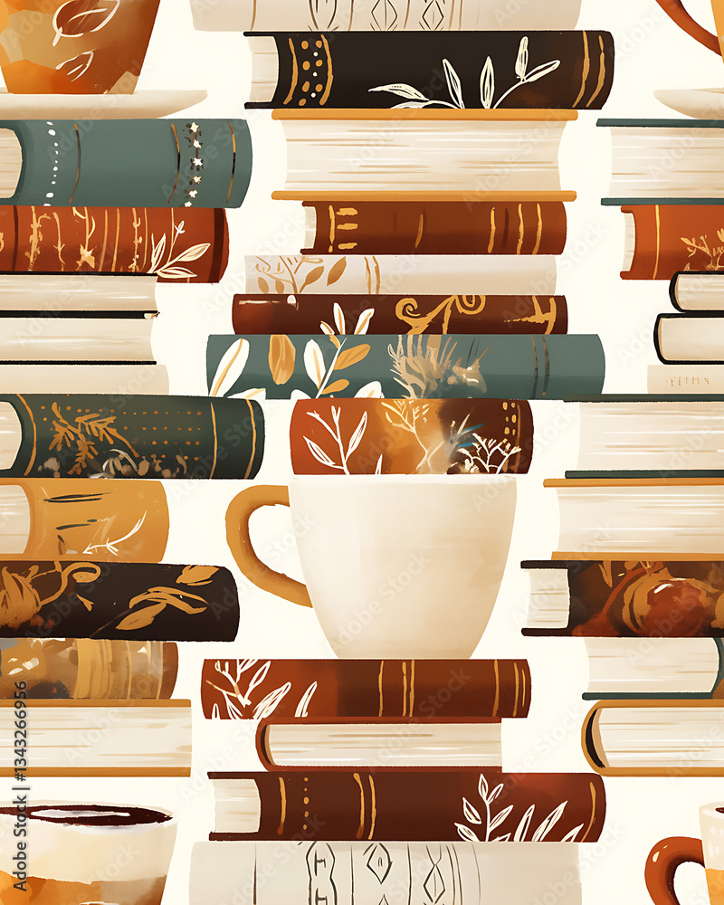 seamless pattern Realistic and artistic illustrations of coffee beans, brewing equipment, coffee cups for background or wallpaper