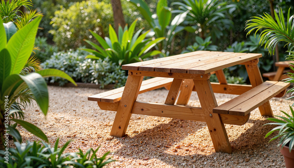 Obraz premium Restored wooden picnic table in botanical garden, serene ambiance