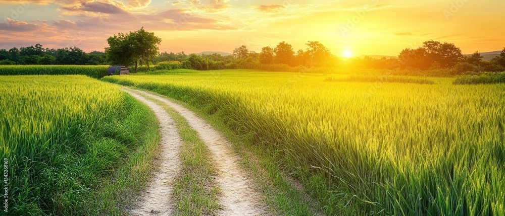 Fototapeta premium Serene sunset over a tranquil countryside scene, showcasing a dirt road winding through a vibrant golden wheat field.