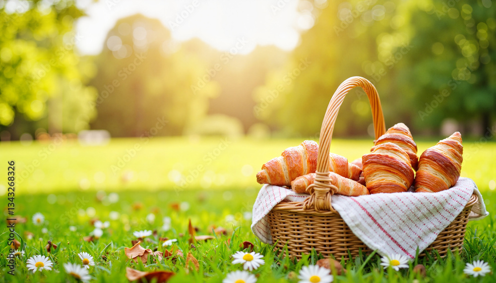 Picnic basket with flaky croissants in sunny park, simple delight Picnic basket with flaky croissants in sunny park, simple delight