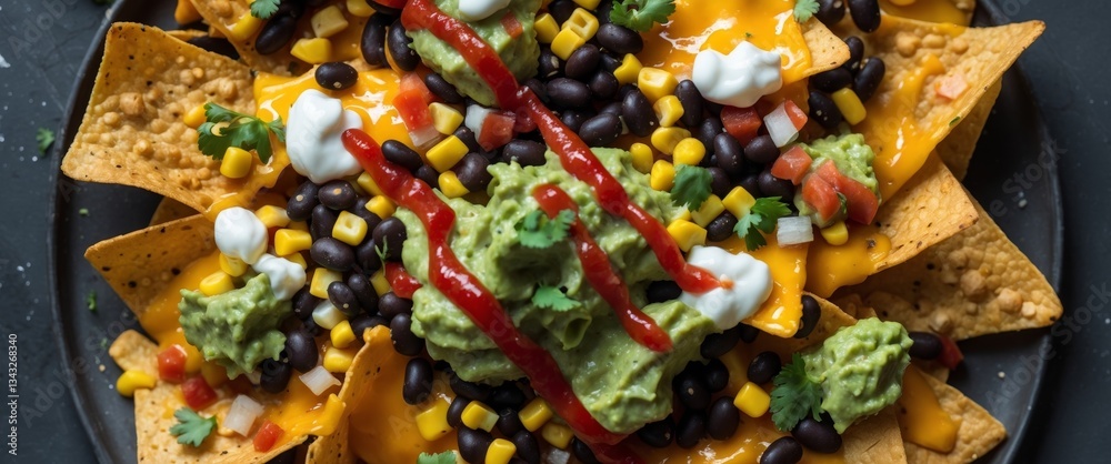 Fototapeta premium Delicious nachos with melted cheese guacamole black beans corn and salsa on a dark background perfect for a party or snack overhead shot.