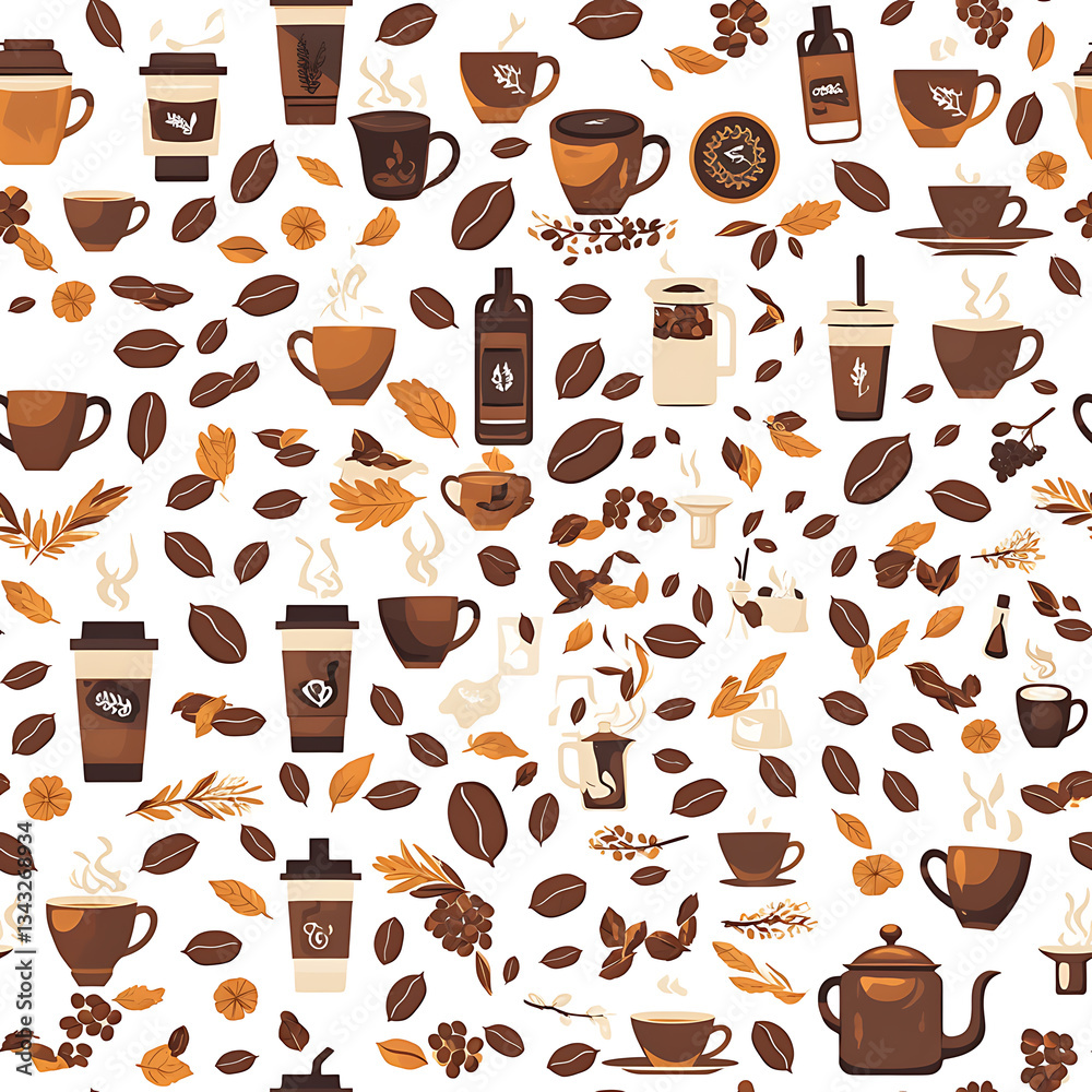 seamless pattern Realistic and artistic illustrations of coffee beans, brewing equipment, coffee cups for background or wallpaper