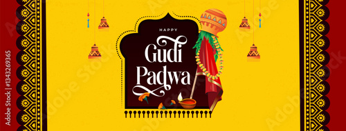 Happy Gudi Padwa Festival Banner Design Template Illustration, Indian Marathi New Year Festival Gudi Padwa Banner Template Design