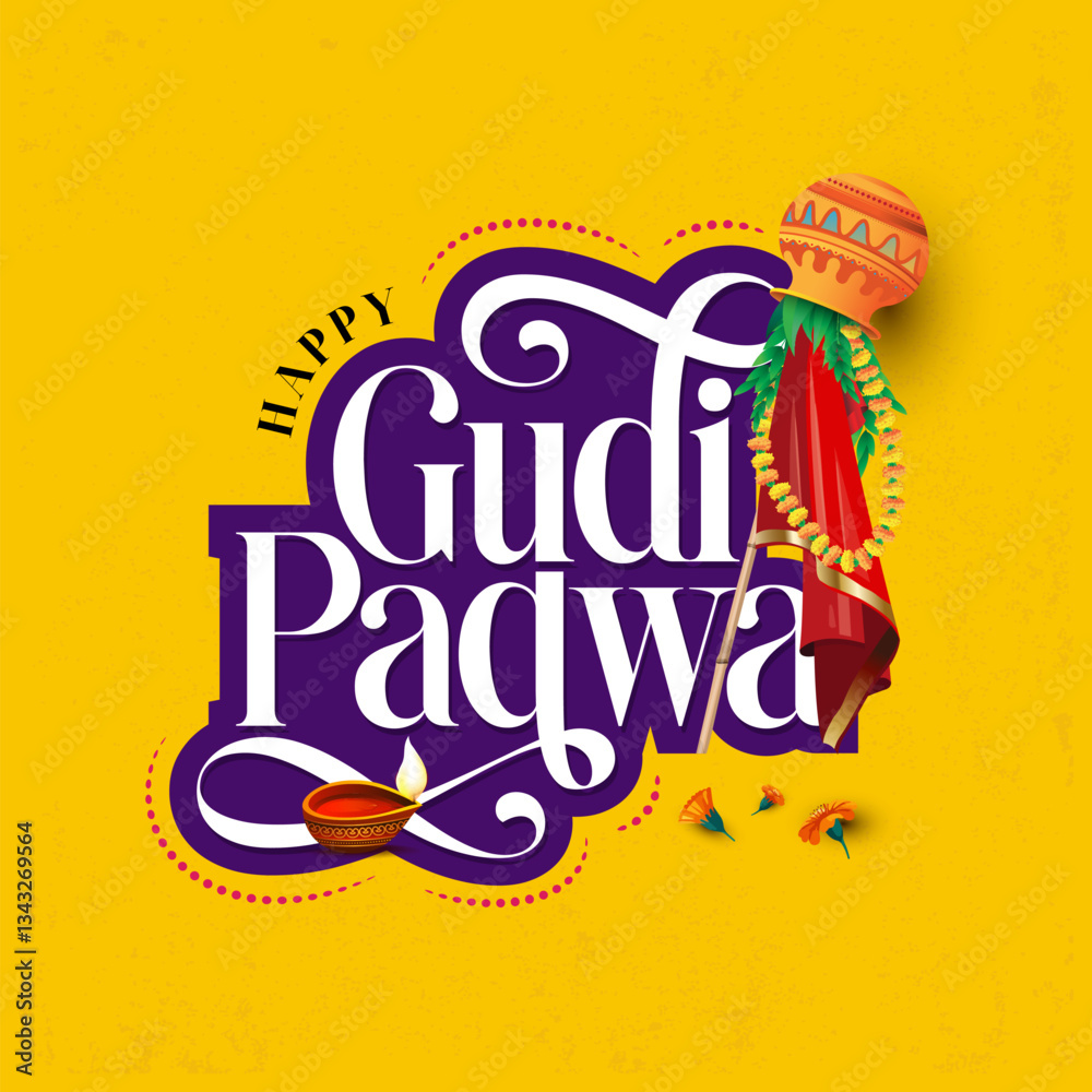 Fototapeta premium Happy Gudi Padwa Festival Design Template Illustration, Indian Marathi New Year Festival Gudi Padwa Typographic Template Design