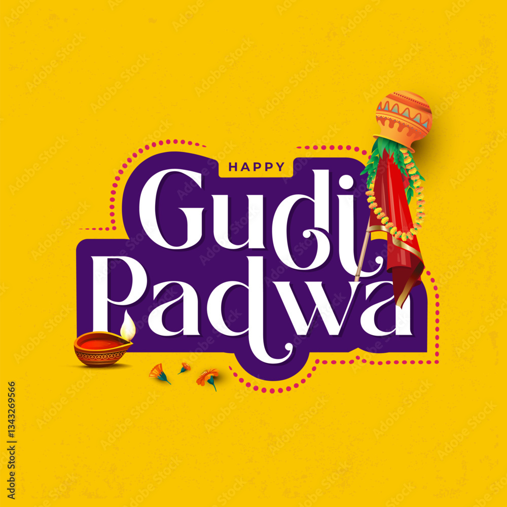 Fototapeta premium Happy Gudi Padwa Festival Design Template Illustration, Indian Marathi New Year Festival Gudi Padwa Typographic Template Design