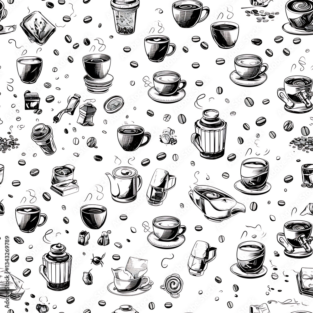 seamless pattern Realistic and artistic illustrations of coffee beans, brewing equipment, coffee cups for background or wallpaper seamless pattern Realistic and artistic illustrations of coffee beans, brewing equipment, coffee cups for background or wallpaper