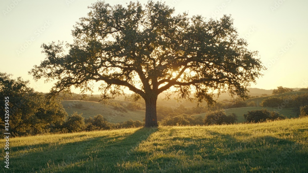 Fototapeta premium Majestic oak tree silhouetted against a sunset over rolling hills.