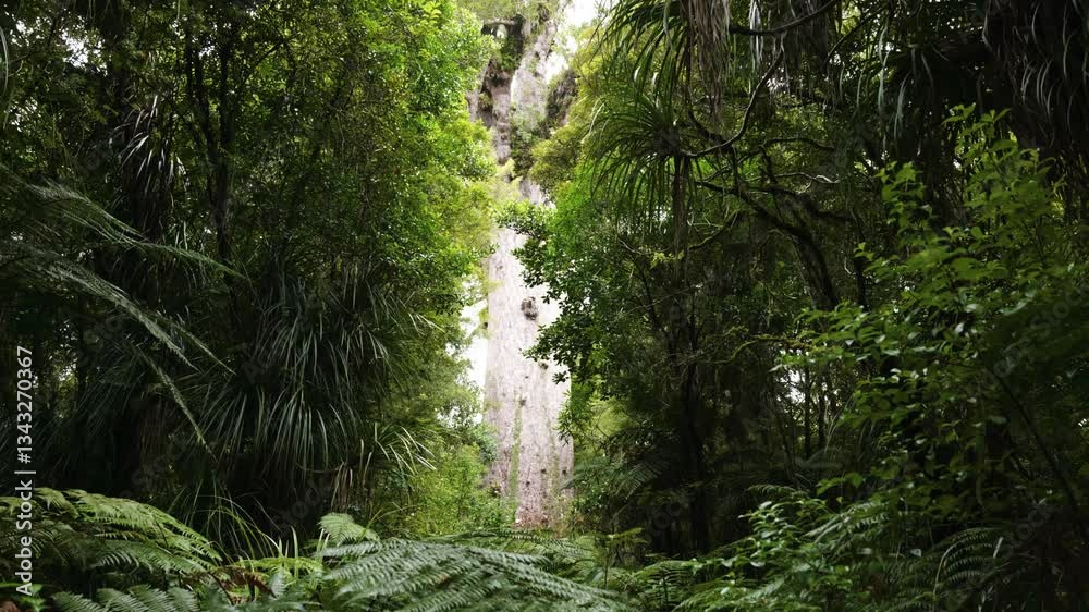 A big Kauri tree in between a green forest at Tane Mahuta. Northland, New Zealand.