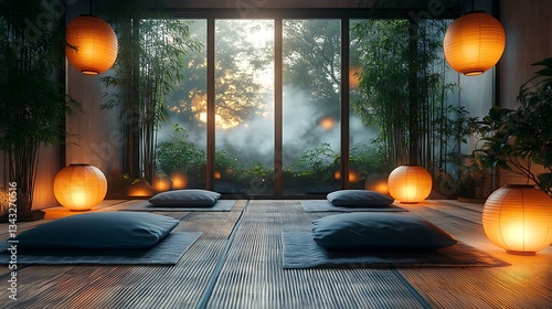 A tranquil meditation space with tatami mats, bamboo accents, and paper lanterns softly glowing in muted tones
