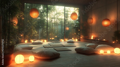 A tranquil meditation space with tatami mats, bamboo accents, and paper lanterns softly glowing in muted tones