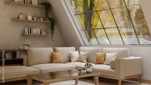 The set of a wooden table with glass top and fabric sofa under roof window in the room corner.
