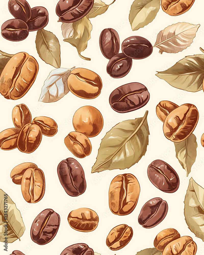 seamless pattern Realistic and artistic illustrations of coffee beans, brewing equipment, coffee cups for background or wallpaper