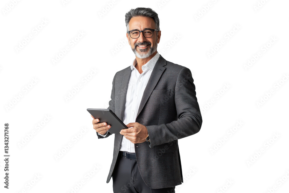 Confident senior businessman in suit holding a tablet, isolated on transparent background Confident senior businessman in suit holding a tablet, isolated on transparent background
