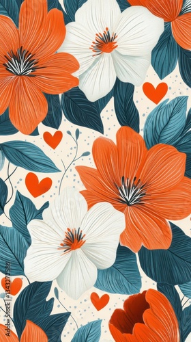 Patrón de flores coloridas con corazones en el fondo