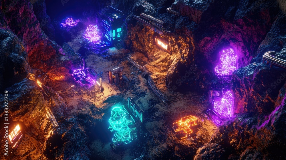 Fototapeta premium A futuristic cave displays glowing structures with vibrant colored lights