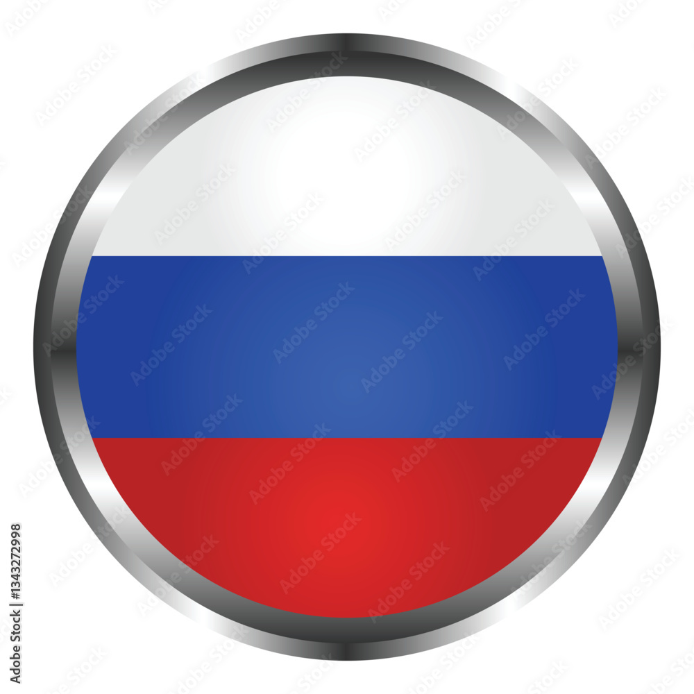 Russia flag button with a metal outside circle. Russia flag button with a metal outside circle.