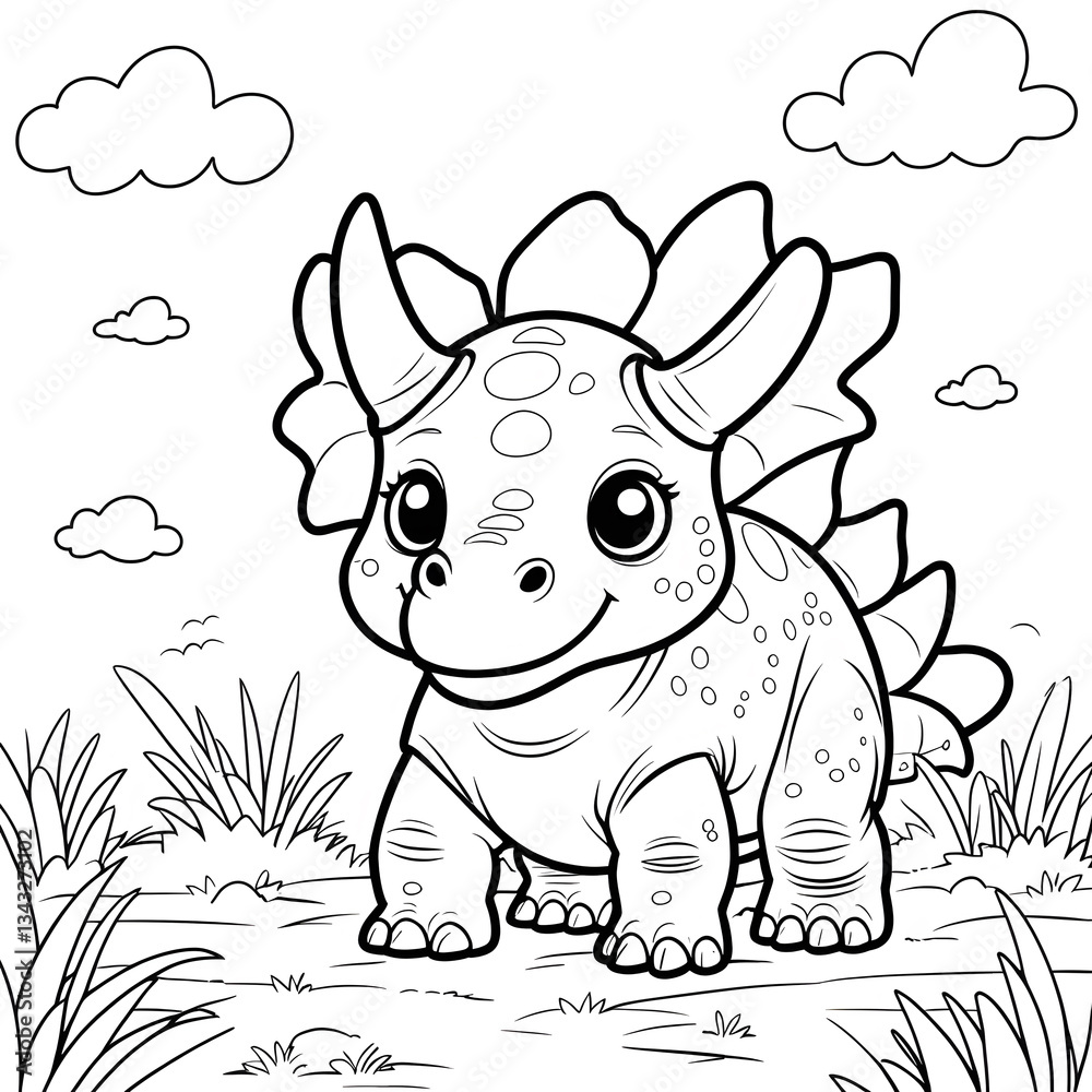 Naklejka premium Enjoy a fun and relaxing coloring experience with this Kawaii Triceratops Coloring Page! This adorable baby Triceratops is designed in a simple, minimalist style with bold, clean outlines