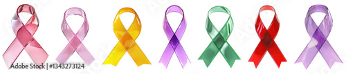 Set of colorful awareness ribbons in red, pink, yellow, purple, and green isolated on transparent background